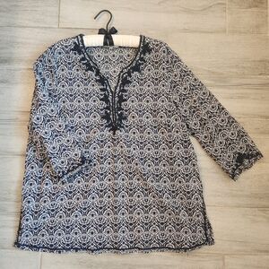 Anne Carson blouse 1X black white 100% cotton embroidered soutache comfort boho